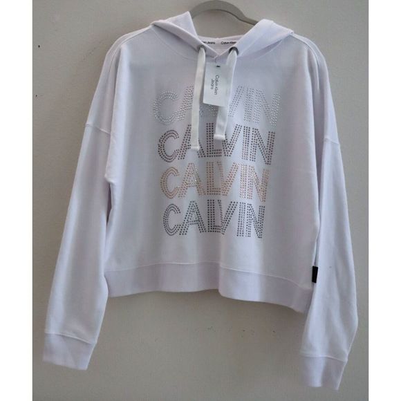 Calvin Klein CJRT1994 Women Sz M White Studded Logo Graphic Hoodie Sweatshirt $7 - Picture 1 of 10
